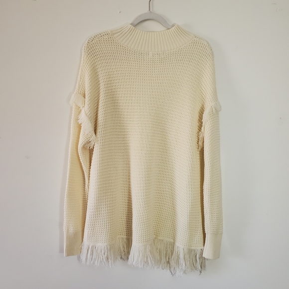 Umgee Cream Fringe Oversized Waffle Knit Pullover Mock Neck Sweater Small - Picture 5 of 6